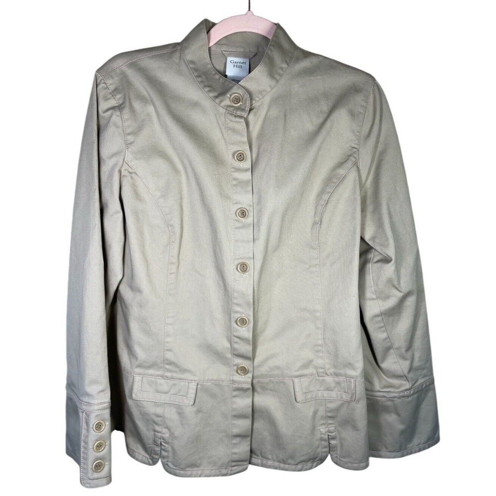 Garnet Hill‎ Blazer Jacket Women's  12 Tan Military Moto Cotton Mandarin Collar